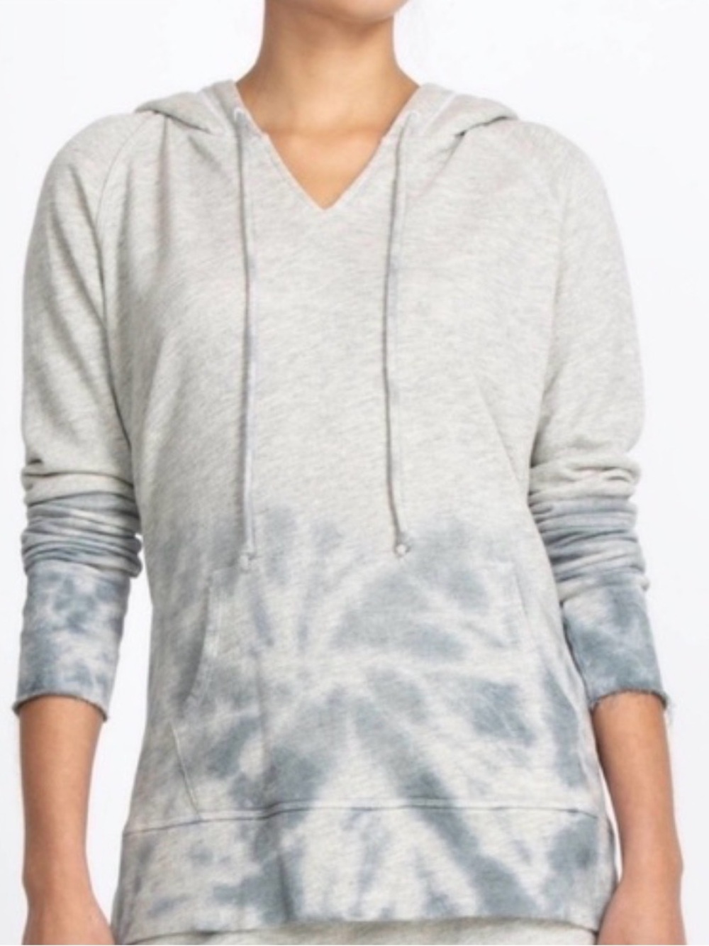Johnny Was Calme Mira Light Gray & Blue Tie-Dye Split Neck Hoodie NWOT